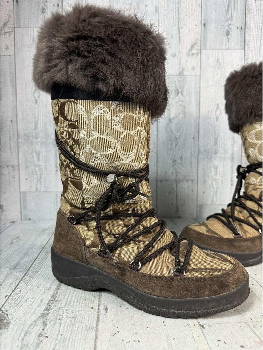 Coach Laurilyn Brown/ Tan Patchwork Fur Trim Winter Designer Boots Side Zip - Picture 5 of 9